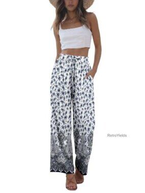 Women's Cotton Wide Leg Palazzo Pants High Waist Cropped Trousers with Pockets